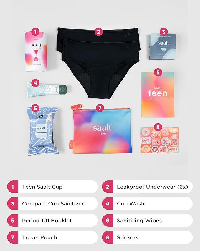 Saalt Teen First Period Kit - Includes Leakproof Period Underwear Menstrual Cup Menstrual Cup Wash Compact Sanitizer Feminine Wipes Storage Bag Saalt Stickers &amp Period Care 101 Booklet - Sma