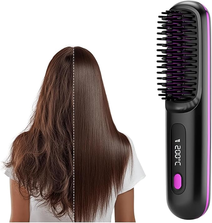 2026 Upgraded Go Brush Pro - Cordless Travel Hair Straightener Brush with Fast Heating &amp LCD Display Portable Mini Straightener for On-The-Go Styling(Black)