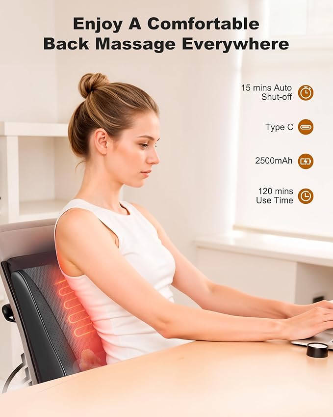 Snailax Shiatsu Back Massager with Heat Vibration Rechargeable Cordless Neck Back Massager for Pain Relief Deep Tissue 4D Deep Kneading Back Massage Pillow Gifts for Mom Dad-Home Office Use