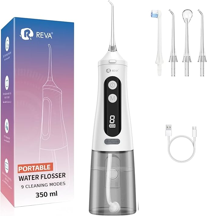 Professional Water Dental Flosser for Teeth &amp Braces - 9 Modes Cordless Oral Irrigator 350ML Large Reservoir 360° Nozzle IPX7 Waterproof Rechargeable Dental Floss Tool (M131 - White)