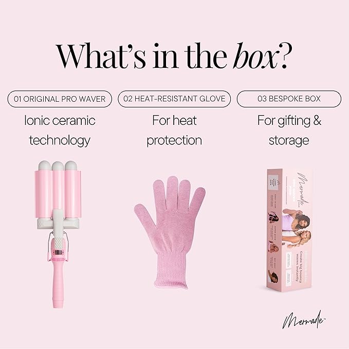 Mermade PRO Hair Waver 1.25 - 3 Barrel Curling Iron 1 1/4 Inch Ceramic Barrel Waver Tool for Thick Thin Long or Short Hair - 1.25 Pink with Glove