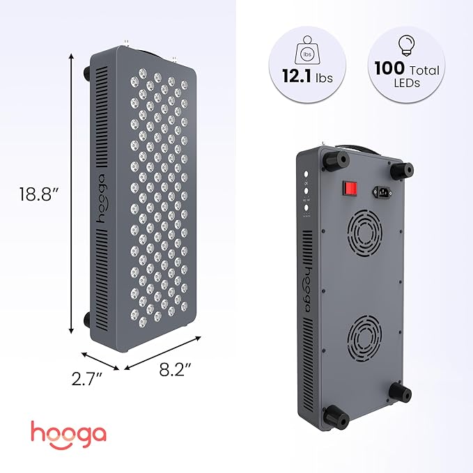 Hooga HG500 Red Light Panel with Near Infrared LED Light 100 LEDs 660nm 850nm Dual Wavelength Built-in Timer Hanging Kit Included.