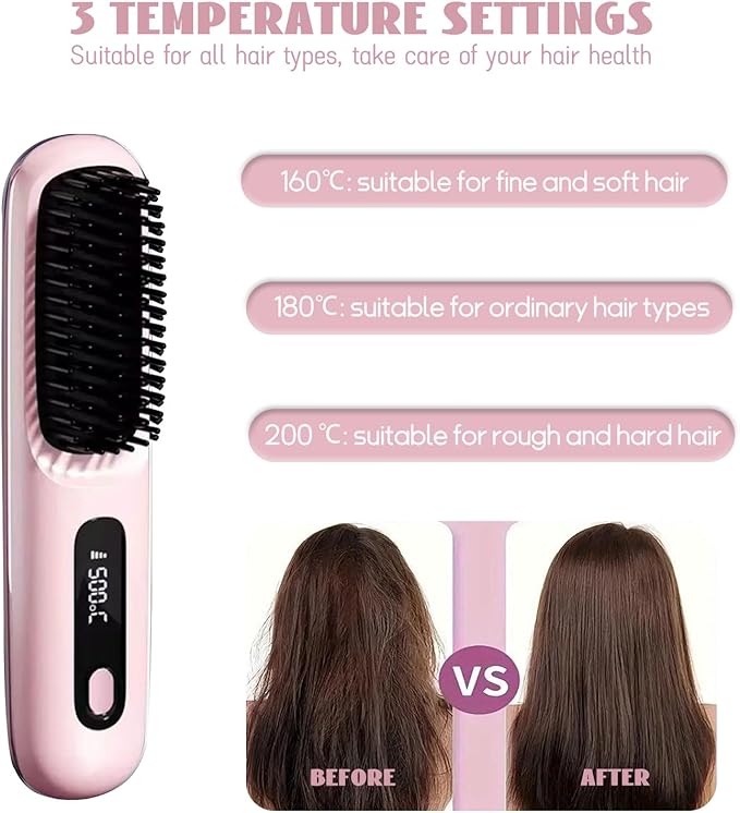 Cordless Hair Straightener Brush 7.8 Mini Hair Straightener with LCD Temperature Display Portable Hair Straightener Comb for Travel Negative Ionic Brush Straighteners for Women (Pink)