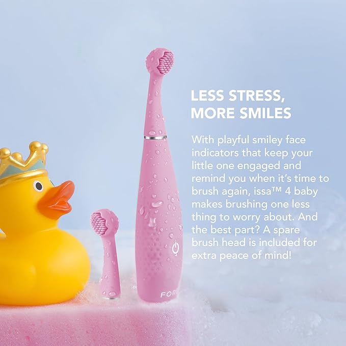FOREO ISSA 4 Baby – Silicone Sonic Electric Toothbrush Bundle for Babies 2-Sided Bristles Fun Smile Feature Gum Massage 12 Months of Care with Extra Brush Head Travel-Friendly - Pearl Pink