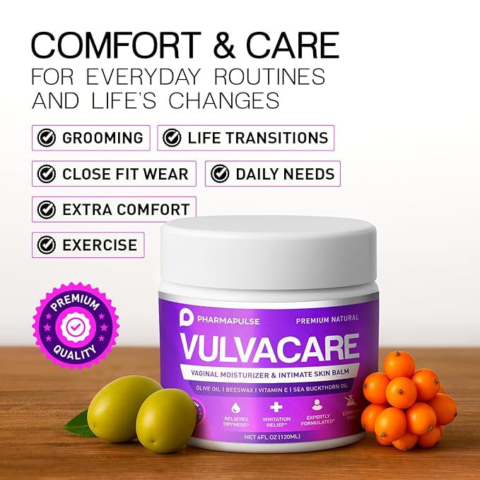 Pharmapulse Organic Vaginal Moisturizer Vulva Balm Cream Intimate Skin Care Menopause Support - Relieves Dryness Itching Burning Redness Chafing Odor Irritation - Estrogen Free 4oz