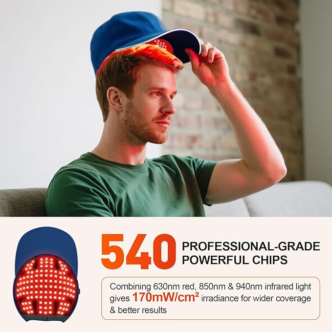 Red Light Cap Red Light Hat for Head 630nm 850nm 940nm Infrared Light Cap Adjustable Size and Pulse Mode