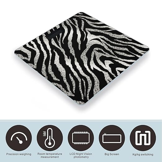 Black and White Zebra Print Scale for Body Weight Accurate Digital Bathroom Scale Toughened Glass High Precision Scales Smart Weight Scales with Large LCD Backlight Display Weighing Machine