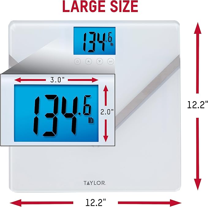 Taylor Digital Glass Body Composition Scale Bathroom Scale for Body Weight Measures Body Fat Body Water and Muscle Mass Percentages 8 User Recognition FSA HSA Eligible 440 lb Capacity White