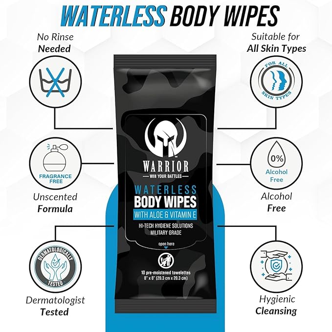 Warrior Waterless Hypoallergenic Cleaning Wipes Enriched with Aloe 1 Pack Antibacterial Hand Sanitizer Gel 3 Fl Oz DEET Free Bug Shield Spray – IR3535 5.5 Fl Oz
