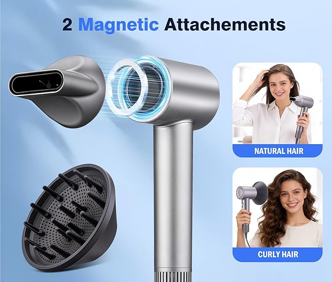 High Speed Ionic Hair Dryer 110000 RPM Brushless Motor for Fast Drying 3.7 Billion Negative Ions for Smooth Hair Low Noise Portable Blow Dryer with Diffuser &amp Concentrator Grey