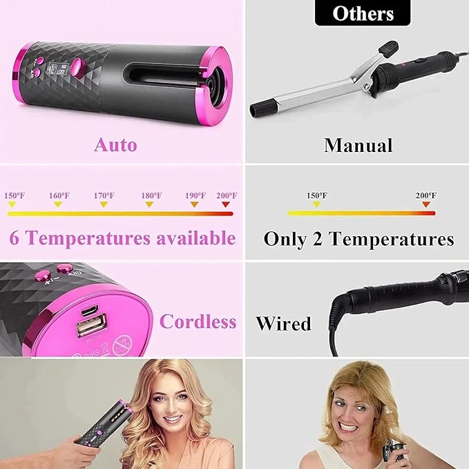 Portable Automatic Hair Curler Ceramic Rotating Wireless Auto Curling Iron Wand Emlimny Portable USB Rechargeable Spin Curler for Hair Styling (Black)