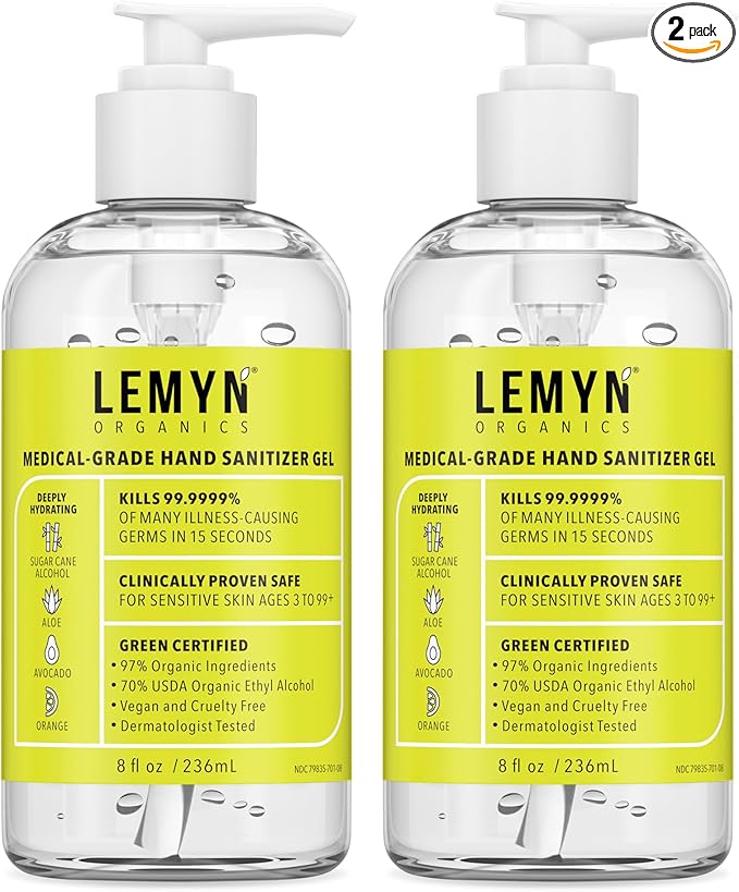 Medical‑Grade Hand Sanitizer Gel – 97 % Organic | 70 % USP Ethyl Alcohol | Moisturizing Aloe + Hyaluronic Acid | Freshly Made in USA | 8oz Bottle with Pump (PACK OF 2)
