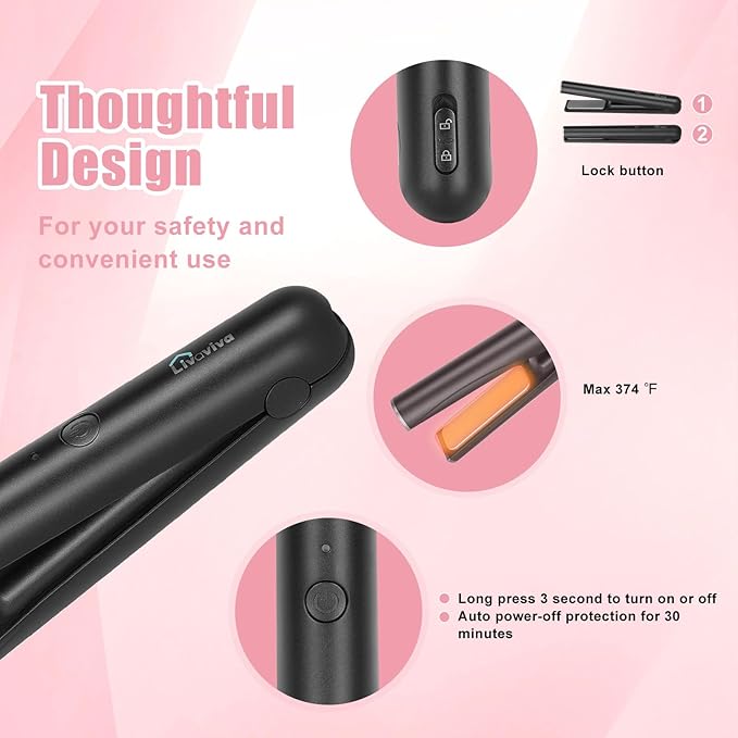 Mini Portable Cordless Hair StraightenerUSB RechargeableRapid Heating can Work continuously for 40 MinutesWireless Curling Iron for Travel (Black)