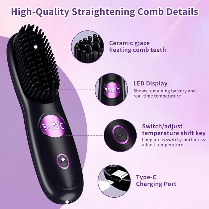 Cordless Hair Straightener Brush - Mini Portable Fast Heating Hair Straightener for Travel -USB Rechargeable Ceramic Straightening Comb with LED Display -3 Adjustable Heat Settings for Short/Long Hair