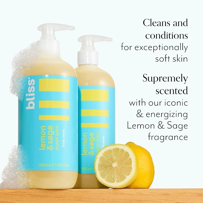 Bliss Soapy Suds Body Wash - Lemon and Sage - 17 Fl Oz - Gentle and Hydrating for Supremely Soft Skin - Paraben Free - Vegan &amp Cruelty Free