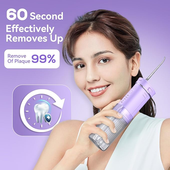 JTF Portable Water Flosser for Travel: Compact Mini Design 3 Modes &amp 8 DIY Pressure Levels for Sensitive Teeth &amp Braces - with 5 Nozzles &amp Removable 230ml Tank Cordless Oral Irrigator fo