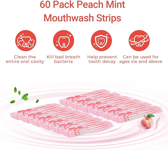 Travel-Size Alcohol &amp Fluoride Free Peach Mint Mouthwash Packets 60 Individually Wrapped Portable Packs for Adults Fresh Breath Peach Mint Flavored Mouthwash for Oral Hygiene 0.63 Fl Oz Each