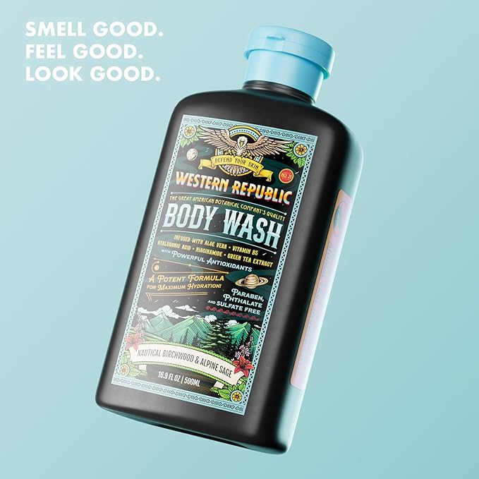 Men's Body Wash | Nautical Birchwood &amp Alpine Sage and Aviator's Eucalyptus &amp Fresh Citrus | Hydrating &amp Anti-Aging Formula with Aloe Niacinamide &amp Hyaluronic Acid (2 Pack) | Made in