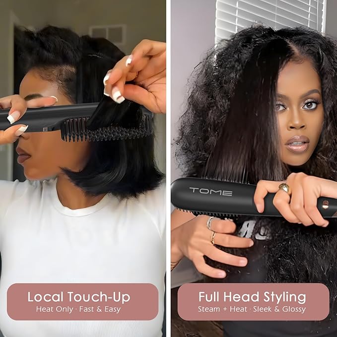 Tome Steam Straighteners for Hair Negative Ion Hair Straightener Brush with 2 Steam Levels 428°F High Heat Electric Hot Comb for Thick &amp Curly Hair Anti-Scald Steam Brush for Women Black