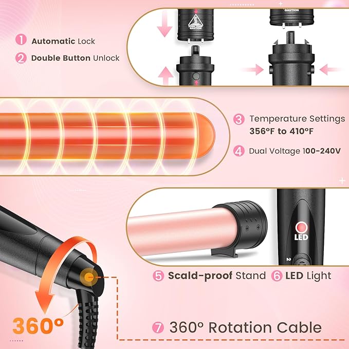 5 in 1 Curling Iron Wand Set Hair Curling Iron Interchangeable Ceramic Barrels (0.35 to 1.25 Inch) Barrel Heat Protective Glove 2 Clips Dual Voltage Hair Curler for Girls Women Gift - Rose Gold