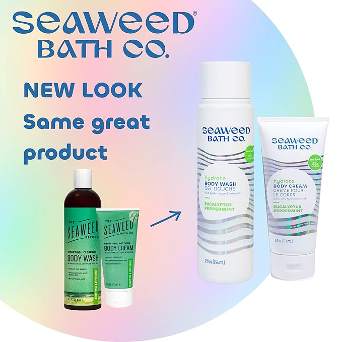 Seaweed Bath Co. Body Wash and Body Cream Duo 12 Ounce 6 Ounce Eucalyptus Peppermint Scent Sustainably Harvested Seaweed