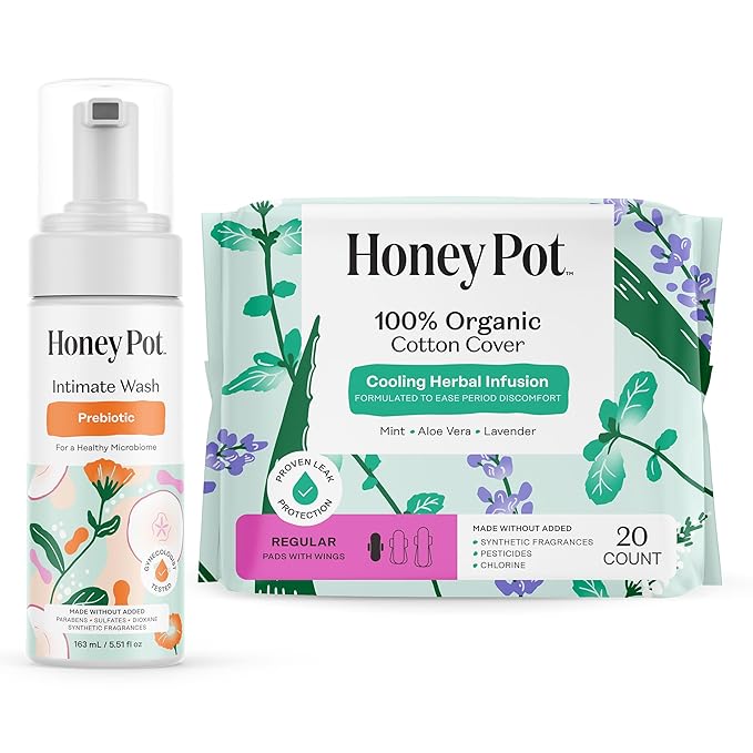 The Honey Pot Company - Prebiotic Feminine Wash &amp Regular Pads Bundle - pH Balanced Natural Hygiene Feminine Products - Herbal Infused Sanitary Pads for Women - Feminine Care