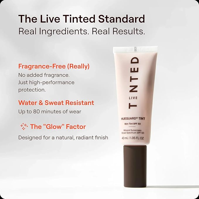 Live Tinted Hueguard Skin Tint SPF 50 - Tinted Mineral Sunscreen with Light-Medium Buildable Coverage With a Hydrating and Radiant Finish - Water and Sweat Resistant 1.35 fl oz - Shade 08