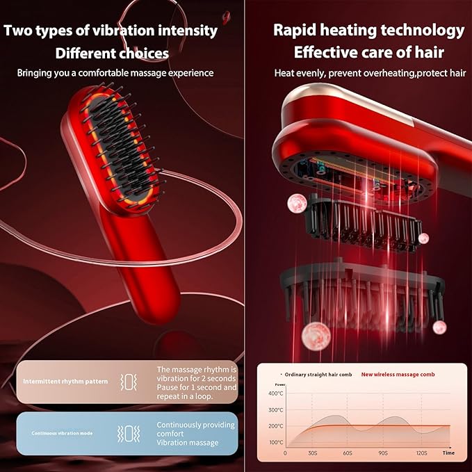 Cordless Hair Straightener Brush 3-Temp Go Brush Pro Vibration Massage Red Light Therapy Dual-Function Comb for Women Fast Heating MCH Ceramic Frizz-Free Smooth Hair Styling (Red)