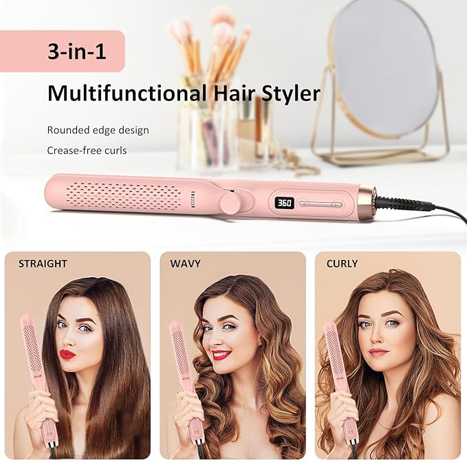360° Airflow Styler Curling Iron - 1.25 Inch Hair Straightener and Curler 2 in 1 with Vented Cool Air to Lock in Style Extra LongFlat Iron Curling Wand Dual Voltage for Europe Travel