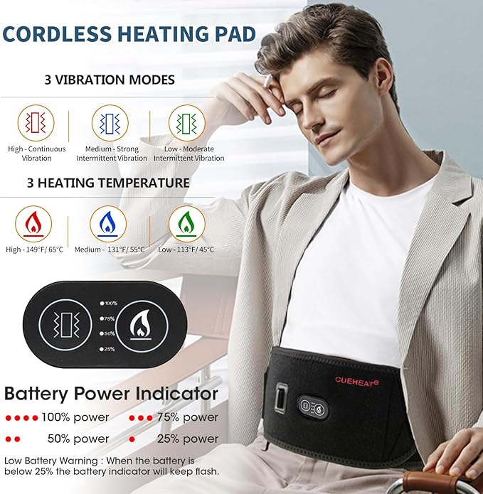 CUEHEAT Heated Waist Belt Cordless Heating Pad for Low Back Electrical Heating and Massage Rechargeable Battery Powered (Black 53 inches)