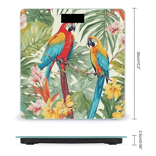 Tropical Plants and Parrots Scale with LCD Easy-to-Read Anti-Slip Weight Digital Bathroom Scale Precision Weighing Scales Sturdy Tempered Glass Body Weight Scales for Daily Use