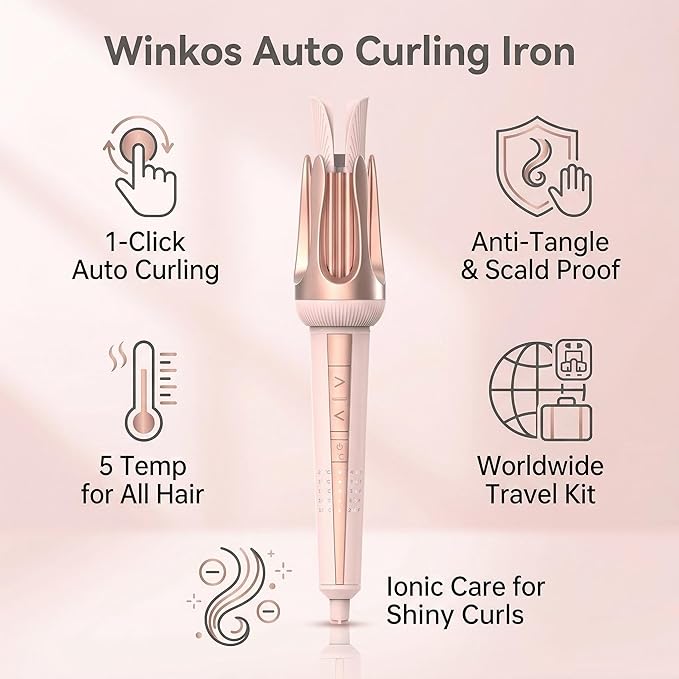 1.25 Inch Automatic Curling Iron Dual Voltage Auto Curler for Travel with Global Adapter &amp Storage Bag Anti-Scald Ceramic Coating for Beach Waves Ionic Rotating Hair Curler for Long Hair