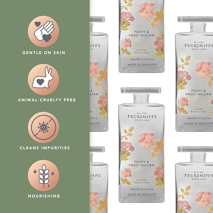 Pecksniff's Peony &amp Sweet William Bath Soak Decanter | 500ml/16.9 Fl Oz