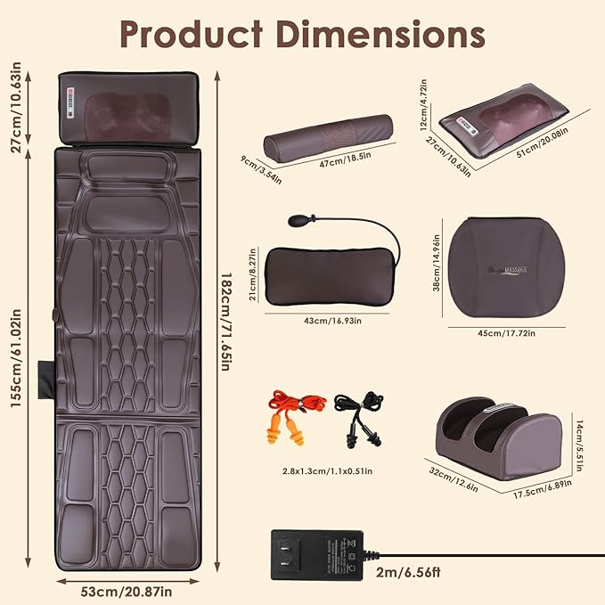 KOCASO PU Leather Full Body Massage Mat Multifunctional Massage Chair Pad with Heat Timer Shiatsu Neck Foot Massager Lumbar Pillow Carry Bag Earplugs Anti-Slip Bottom for Reclining Chair