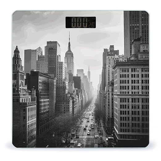 Black and White New York Scale for Body Weight Anti-Slip Tempered Glass Digital Bathroom Scales Clear LCD Display Weighing Scale Safe Rounded Corners Smart Scales
