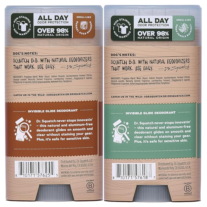 Dr. Squatch Invisible Glide Natural Men’s Deodorant – Smooth Glide No Stains – Aluminum Free Deodorant Men – Safe for Sensitive Skin – Wood Barrel Bourbon + Rainforest Rapids 2.65oz (2-Pack)