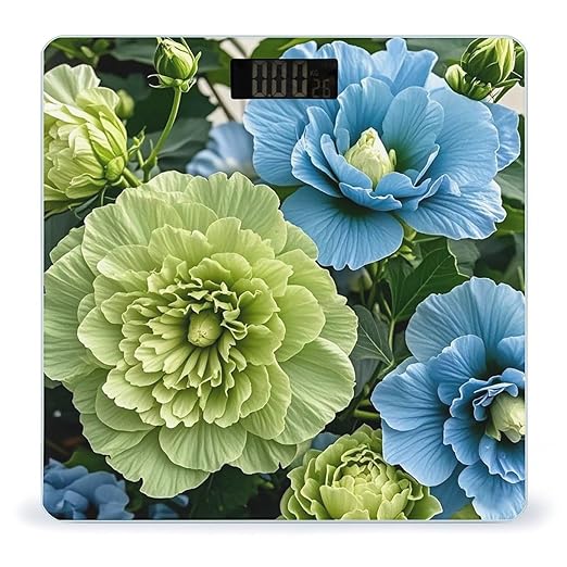 Green and Blue Hibiscus Flowers Scale for Body Weight Highly Accurate Digital Bathroom Body Scale Digital Bathroom Scales for People Anti-Slip Large LCD Display Smart Scales