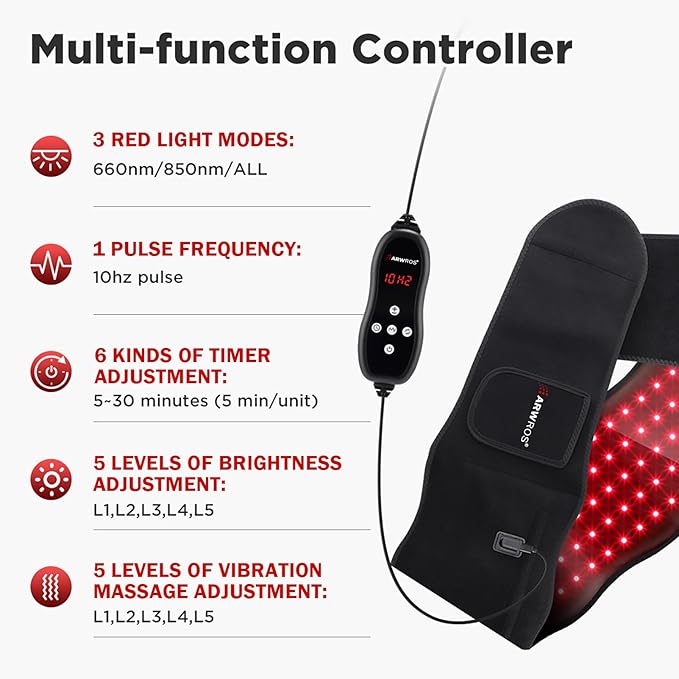 Red Light Therapy Belt - 660nm &amp 850nm Wavelength Red Light Therapy Wrap Near-Infrared Light Belt for Back 5 Brightness Levels 5 Vibration Levels Timer