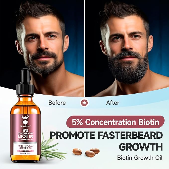 Beard Growth Oil - 5% Concentration Biotin Beard Oil for Men (2 oz) - Natural Mens Beard Oil with Argan Oil Jojoba Oil and Vitamin Beard Growth Softener Moisturizer (Mystic Hour)