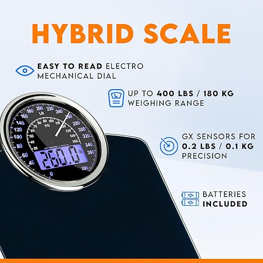 ZENO Hybrid 2-in-1 Analog &amp Digital Weighing Scale for Body Weight up to 400lbs - Thick Tempered Glass - Extra Large Display - Easy to Read Digital Bathroom Scale - New - Dark Blue