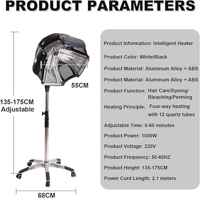 1000w Freestanding Hair Dryer Steam Hair Dryer with Led Display 4 Adjustable Wind Speeds Omnidirectional Heating Suitable for Professional Salons Spas and Home Use. Black
