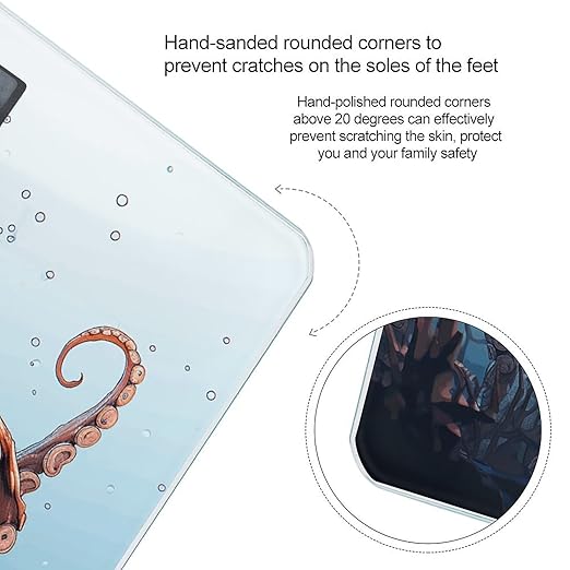 Octopus in The Sea Scale for Body Weight Anti-Slip Tempered Glass Digital Bathroom Scales Clear LCD Display Weighing Scale Safe Rounded Corners Smart Scales