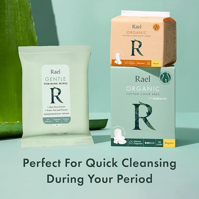 Rael Bundle - Flushable Feminine Wipes (10 Count Pack of 2) and Organic Cotton Cover Pads Extra Long Overnight (12 Count)