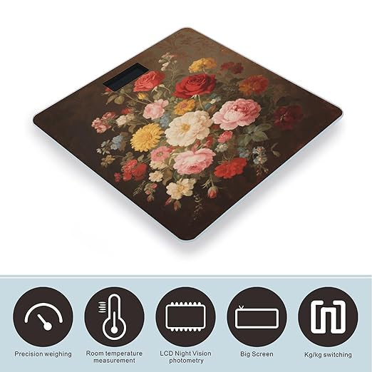 Vintage Floral Bathroom Scale for Body Weight Bathroom Digital Electronic Weighing Scale with Back Lit LED Display Sturdy Tempered Glass Weight Watchers Scales 400lb