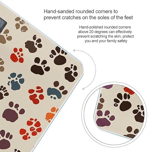 Cartoon Paw Prints Scale for Body Weight Anti-Slip Tempered Glass Digital Bathroom Scales Clear LCD Display Weighing Scale Safe Rounded Corners Smart Scales