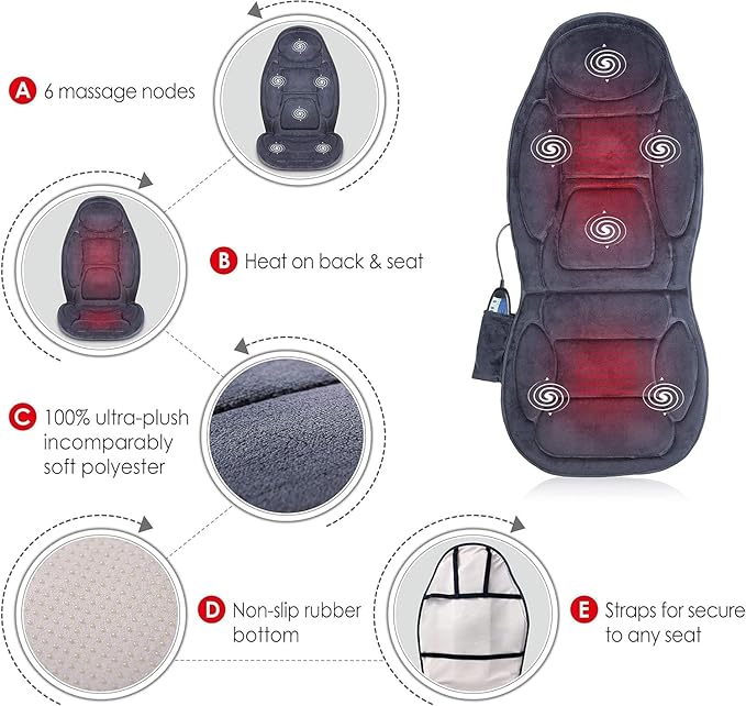 Snailax Vibration Back Massager with Heat Massage Seat Cushion with 6 Vibrating Motors and 2 Heat Levels Massage Chair Pad Seat Massager for Home Office use Gift for Women Men