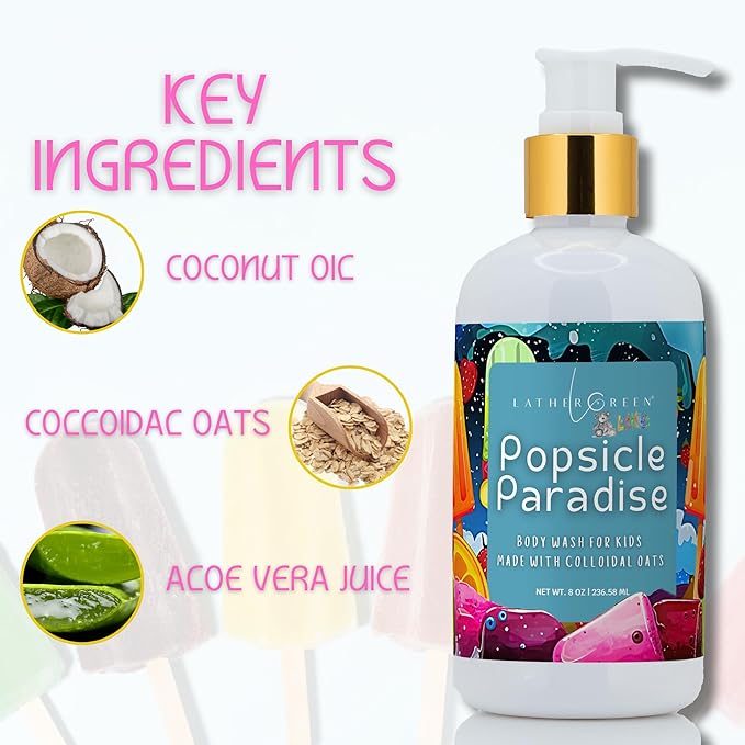Kids Body Wash – Plant Based Gentle Moisturizer with Shea Butter – Safe for Sensitive Skin – Popsicle Paradise – 3 Pack (8 oz Each)