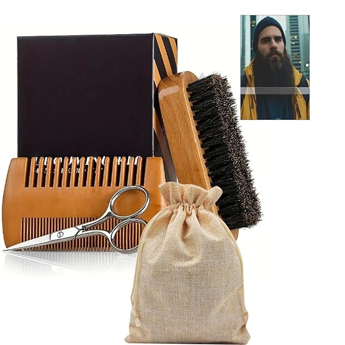 Beard Grooming Kit For Men With Boar Bristle Brush And Wooden Comb Beard Care Set For Mustache And Facial Hair