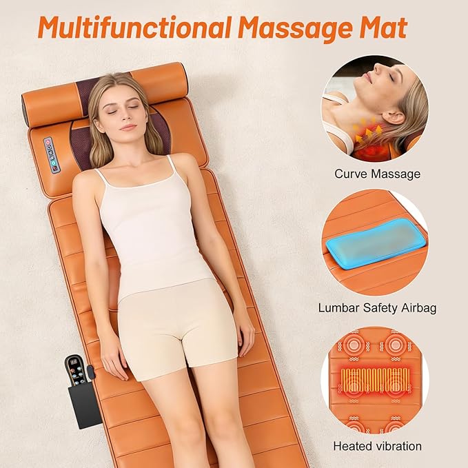 Full Body Massage Mat with Foot Massager Shiatsu Vibration Massage Pad with Heat Detachable Neck Pillow Airbag Lumbar Support &amp Remote Control for Back Waist Legs and Feet