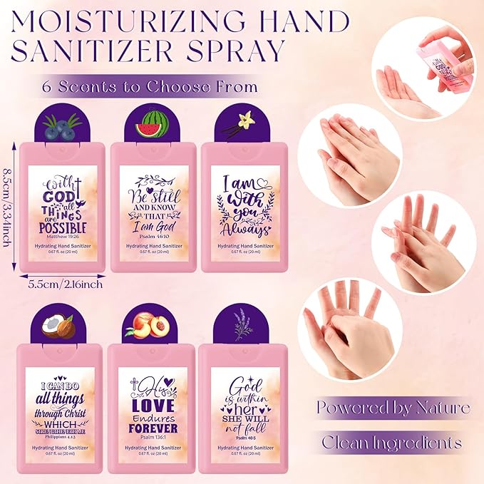 Frienda 24 Pcs Christian Gifts for Women Travel Size Hand Sanitizer Spray Bulk Mini Power Mist Religious Inspirational Gift for Baptism Christian Church Group Women's Day Easter Party Favor(Cute)